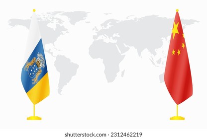 China and Canary Islands flags for official meeting against background of world map.
