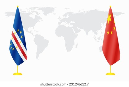 China and Cape Verde flags for official meeting against background of world map.