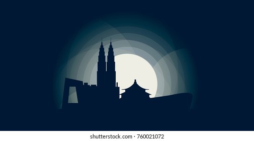 China capital Beijing blue night city panorama landscape skyline flat icon logo