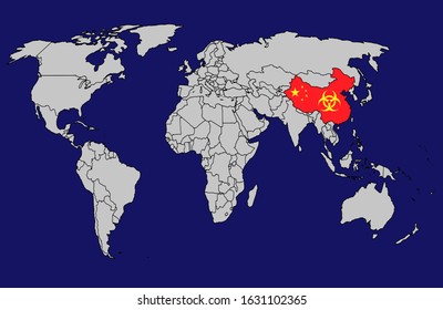 China causative agent of respiratory coronavirus. Flat world vector map with infographics. China in red.