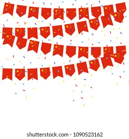 china celebration bunting flags with Confetti And Ribbons on white background.vector illustration