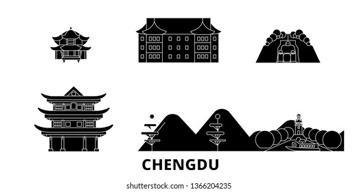 China, Chengdu flat travel skyline set. China, Chengdu black city vector illustration, symbol, travel sights, landmarks.