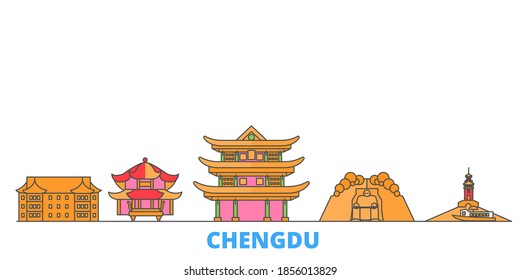 China, Chengdu line cityscape, flat vector. Travel city landmark, oultine illustration, line world icons