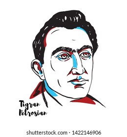 CHINA, CHENGHAI - DECEMBER 20, 2018: Tigran Petrosian Engraved Vector Portrait With Ink Contours. Soviet Armenian Grandmaster, And World Chess Champion From 1963 To 1969.