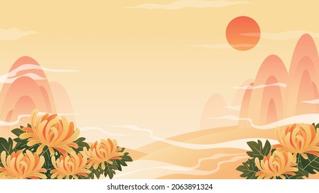 China chic illustration of autumn landscape with mountains and chrysanthemums.