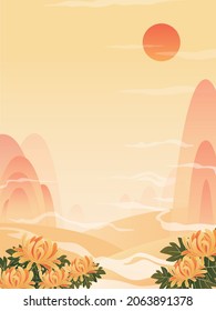 China chic illustration of autumn landscape with mountains and chrysanthemums.