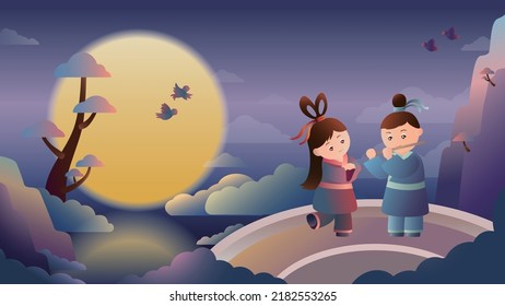 China chic illustration of the cowherd and the weaver girl meet on Qixi Festival or Qiqiao Festival. Double Seventh Festival. Romantic Chinese folk tale.