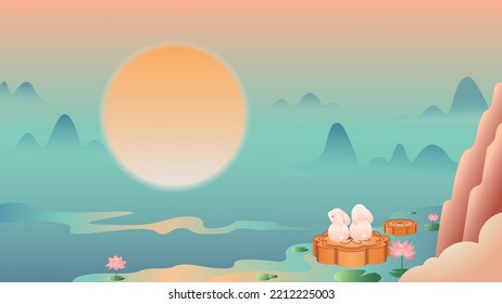 China chic illustration of Mid-Autumn Festival. Two rabbits in the lotus pond sit on the moon cakes and admire the moon.