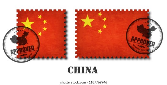 China or chinese flag pattern postage stamp with grunge old scratch texture and affix a seal on isolated background . Black color country name with abrasion . Square and rectangle shape . Vector .