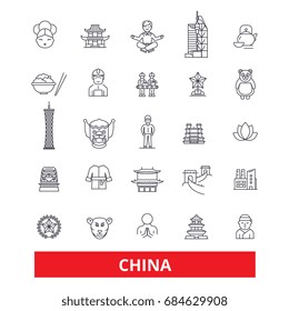 China and chinese, oriental, east, nation, culture, Beijing, Great Wall line icons. Editable strokes 