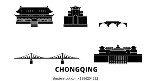 China, Chongqing flat travel skyline set. China, Chongqing black city vector illustration, symbol, travel sights, landmarks.