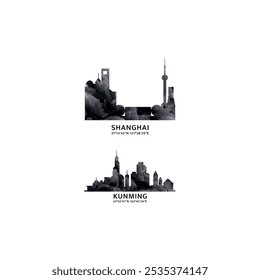 Logo de las ciudades de China y conjunto de iconos. colección gráfica de Vector para Shanghai, emblemas del horizonte de Kunming