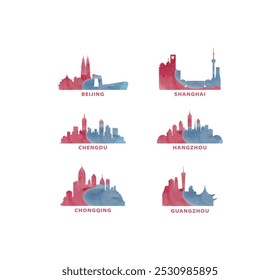 Logotipo del Vector del horizonte de las ciudades de China, sistema del icono. Acuarela Beijing, Shanghai, Chengdu, Hangzhou, Chongqing, Guangzhou silueta. Colección gráfica aislada