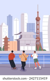 China city architecture. Tourists at modern cityscape view on Asian buildings. People looking at Chinese skyscrapers, traditional pagoda. Asia travel, tourism poster, card. Flat vector illustration