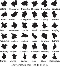 China City Map Silhouettes with Names – Vector Set of Urban Outlines