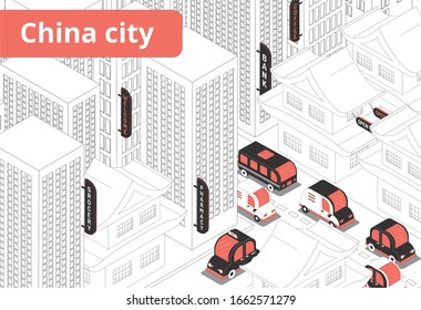 China city red black vehicles traffic lights and line drawn buildings white background isometric composition vector illustration