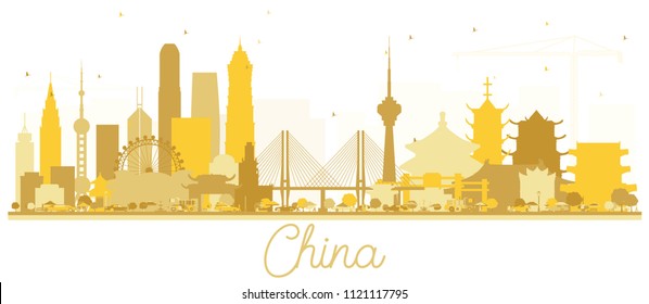 China City skyline Golden silhouette. Vector illustration. Simple flat concept for tourism presentation, banner, placard or web site. Business travel concept. China Cityscape with landmarks.