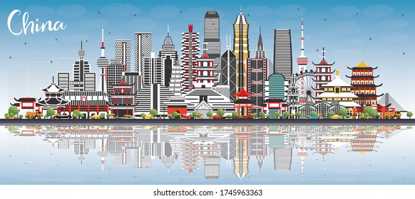 China City Skyline with Gray Buildings, Blue Sky and Reflections. Famous Landmarks in China. Vector Illustration. Travel and Tourism Concept with Modern Architecture. China Cityscape with Landmarks.