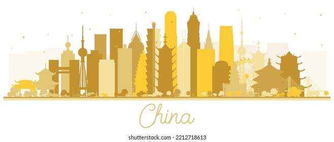 China City Skyline Silhouette with Golden Buildings Isolated on White. Famous Landmarks in China. Vector Illustration. Business Travel and Tourism Concept with Modern Architecture. China Cityscape.