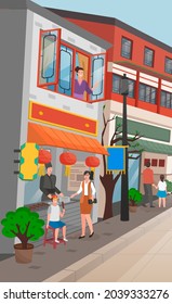 China city street. Happy woman looking at window. Mother buy street food for son in local street food cafe. People walking at street. Chinese decorations, lanterns, signs, hieroglyph. Shop, tavern
