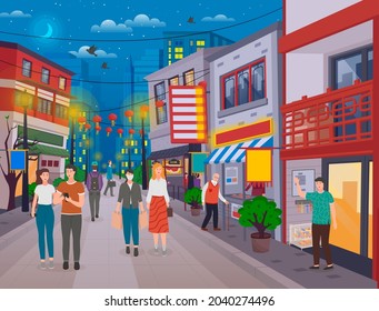 China City Street At Night. People Walking At Alley With Chinese Lanterns During Festival Days. People In Mask, Walking, Old Man, Waving Hand. Decorative Elements, Evening Lights, Bright Signs