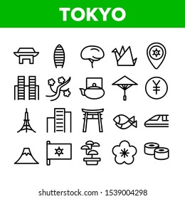China Collection Nation Elements Icons Set Vector Thin Line. Flag And Gate, Teapot And Skyscraper, Mountain And Sushi, Tokyo Concept Linear Pictograms. Monochrome Contour Illustrations