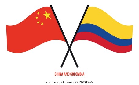China and Colombia Flags Crossed And Waving Flat Style. Official Proportion. Correct Colors.