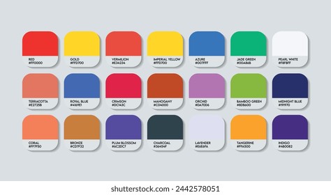 Стоковое векторное изображение: China Color Palette, China Cultural Color Code Guide Palette with Color Names, Catalog Samples gold with RGB HEX codes. Chinese Colors Palette Vector. Plastic, Paints, China Trending Color book