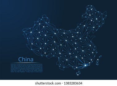 China communication network map. Vector low poly image of a global map with lights in the form of cities in or population density consisting of points and shapes in the form of stars and space.