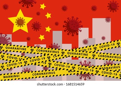 China Coronavirus quarantine concept. Covid-19, MERS-Cov. Yellow and black stripes on national flag. Vector.