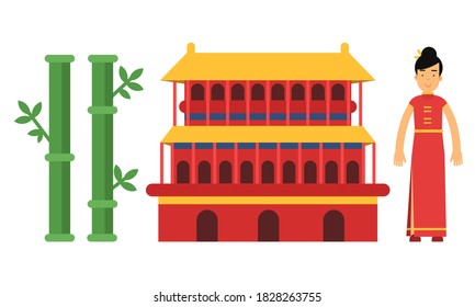 China Country Attributes with Female Dressed in National Clothing and Bamboo Plant Vector Set