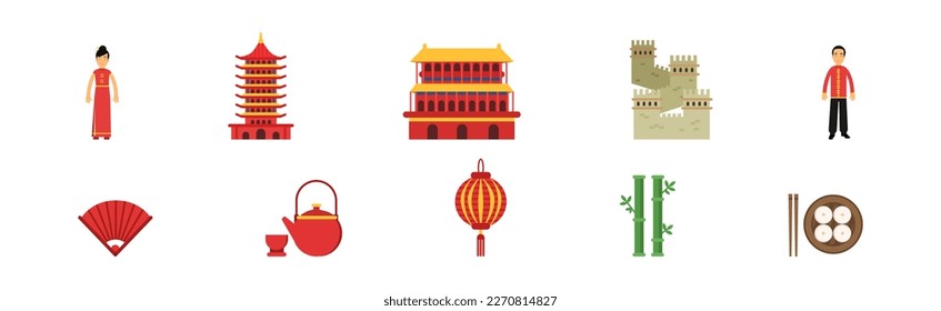 China Country Attributes with Great Wall, Pagoda and Traditional Clothing Vector Set