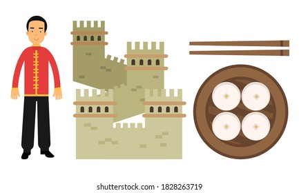 China Country Attributes with Man Dressed in National Clothing and Great Wall of China Vector Set
