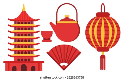 China Country Attributes with Paper Lantern and Hand Fan Vector Set