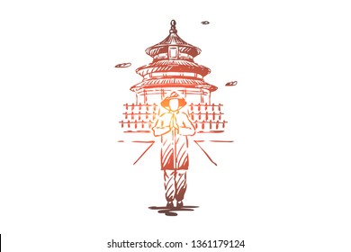 China, country, building, Asia, people concept. Hand drawn Chinese man in traditional dress concept sketch. Isolated vector illustration.