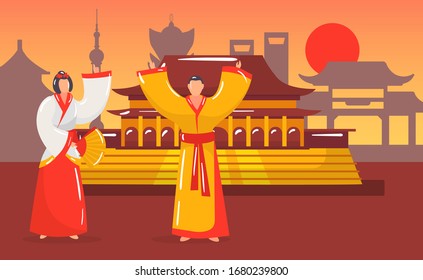 China country culture travel and traditions cartoon vector illustration. China woman in national costumes with architecture, pagoda, chinese cultural traditional symbols.