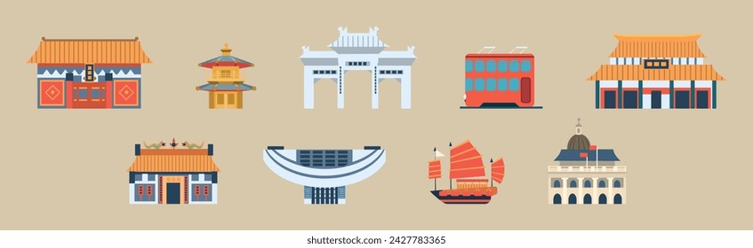 China Country Famous Landmark and Building Vector Set