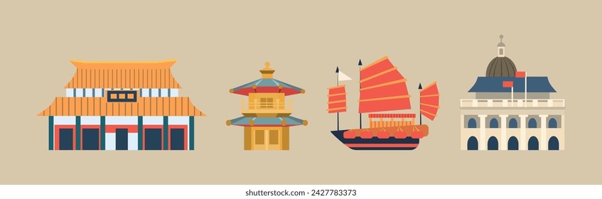 China Country Famous Landmark and Building Vector Set
