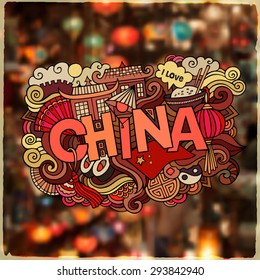 China country hand lettering and doodles elements and symbols emblem. Vector blurred background