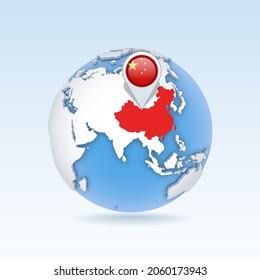 China - country map and flag located on globe, world map. 3D Vector illustration