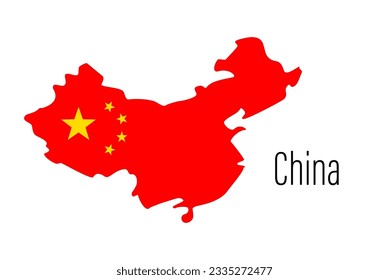 China country map silhouette with flag in one continuous line style. Single line drawing of contour map of China. Linear drawing background. Vector illustration for design. Traveling, journey, Asia