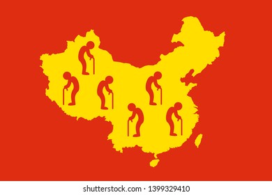 China as country of old people - population ageing / aging. Social problem of old society wwith aged, retired, senior and elderly men. Vector illustration