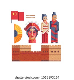 China country pixel art 80s style icons set part 1. Man and woman traditional costume characters. Asian theme. Great Chinese Wall. Stickers design. 8-bit sprites. Isolated vector illustration.