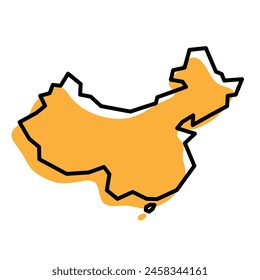 China country simplified map. Orange silhouette with thick black sharp contour outline isolated on white background. Simple vector icon