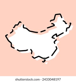 China country simplified map. White silhouette with black broken contour on pink background. Simple vector icon