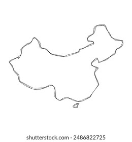 China country simplified map.Thin triple pencil sketch outline isolated on white background. Simple vector icon