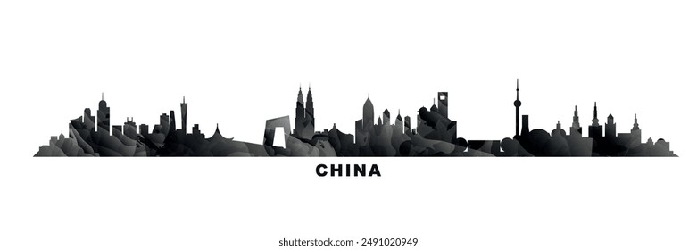 Horizonte de China, panorama de ciudades. Anuncio de Vector o logo largo con textura abstracta. Pekín, Shanghai, Guangzhou, Hangzhou, Harbin, silueta de Chongqing, gráfico aislado