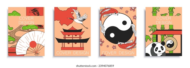 China cover brochure set in flat design. Poster templates with chinese traditional symbols, bonsai tree, fan, dragon, pagoda, crane, yin and yang sign, koi carp, panda and bamboo. Vector illustration.