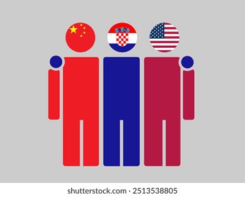 China, Croatia, and USA National Flags With Embracing Body. Vector Illustration. Isolated background.