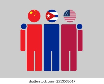 China, Cuba, and USA National Flags With Embracing Body. Vector Illustration. Isolated background.